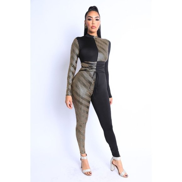 Pants - Women's Mosaic Colorblock Tie Detailed Jumpsuit Party Club Lounge Jumpsuit